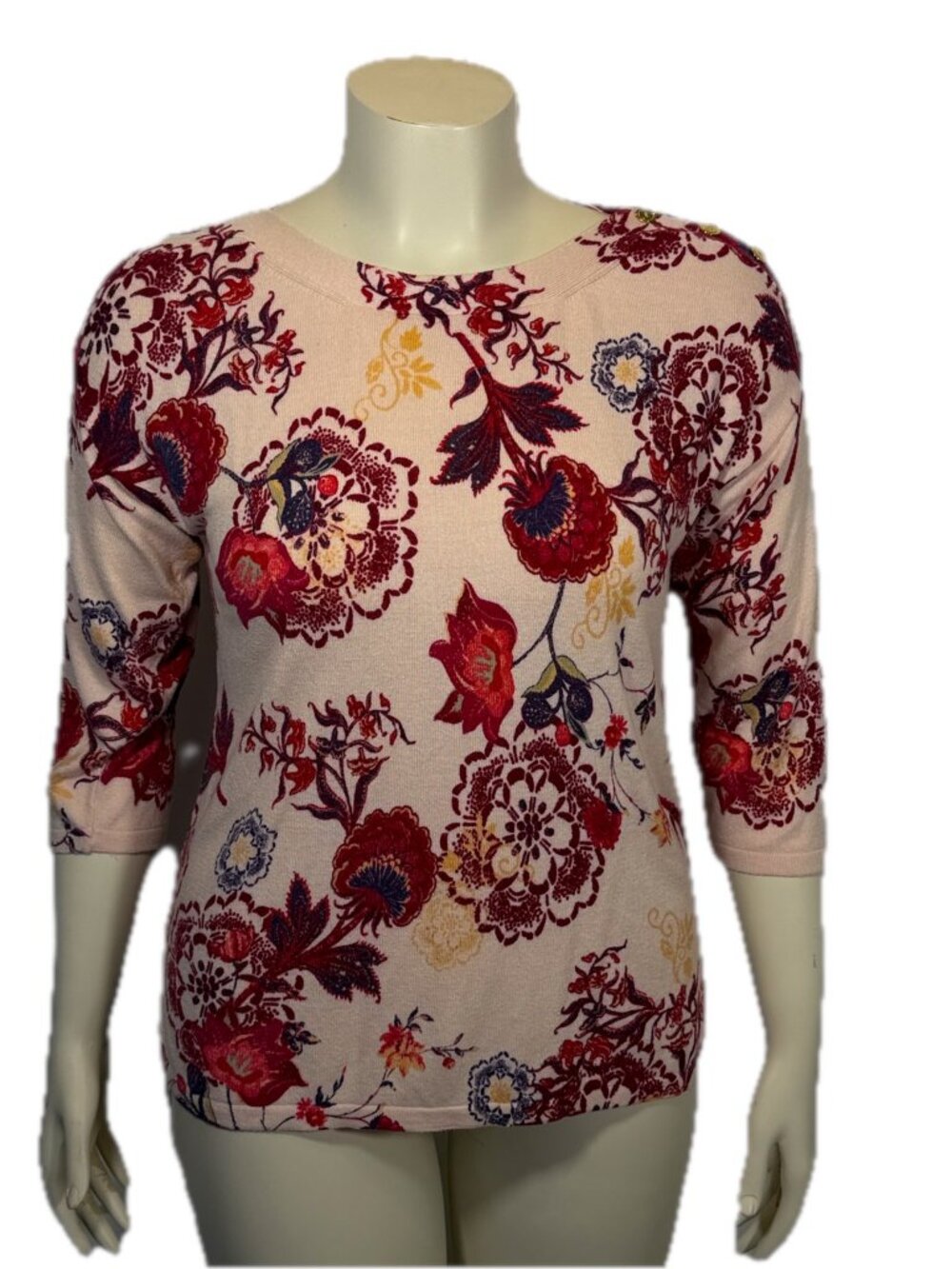 Chico's Pink Burgundy Women's Knit Sweater Floral Print Size M Pink Rayon